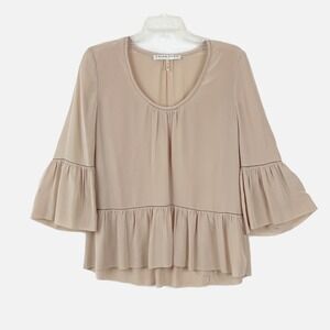 TRINA‎ TURK Luxury Designer Beige 100% Silk Ruffle Sleeve Pullover Blouse Sz SM